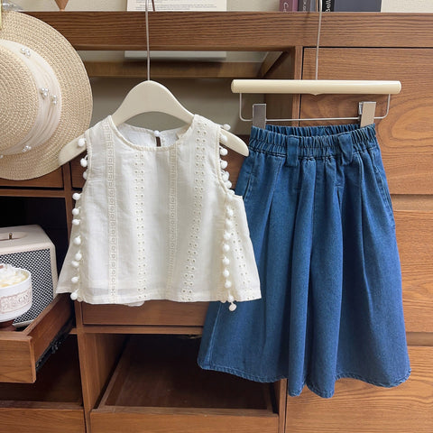 [963247] - One Set 2in1 Baju Setelan Atasan Blouse Lengan Kutung Bawahan Panjang Jeans Kulot Korean Style Anak Perempuan Cewek - Motif Pom Pom - BABYHOKI STORE