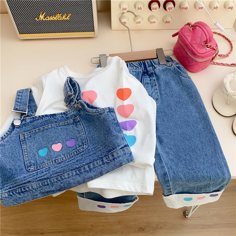 [363660] - Setelan 3in1 Oneset Cewek Baju Kodok Celana Jeans Anak Perempuan Fashion - Motif Colorful Heart