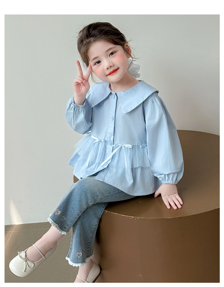 [963127] - One Set 2in1 Baju Setelan Atasan Blouse Lengan Panjang Bawahan Celana Panjang Jeans Korean Fashion Style Anak Perempuan Cewek - Motif Top Bow Bottom Love - BABYHOKI STORE
