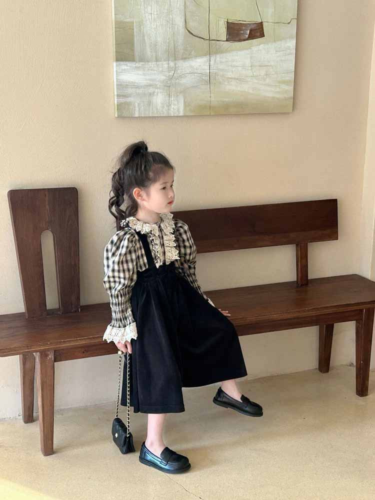 [5071124] - One Set 2in1 Baju Setelan Atasan Blouse Lengan Panjang Style Palace Bawahan Overall Panjang Fashion Trendi Anak Perempuan Cewek - Motif Plaid - BABYHOKI STORE