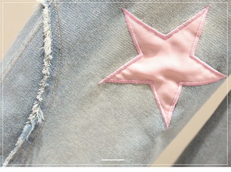 [363728] - Setelan Atasan Baju Crop Top Celana Jeans Fashion Anak Perempuan - Motif Star Wavy