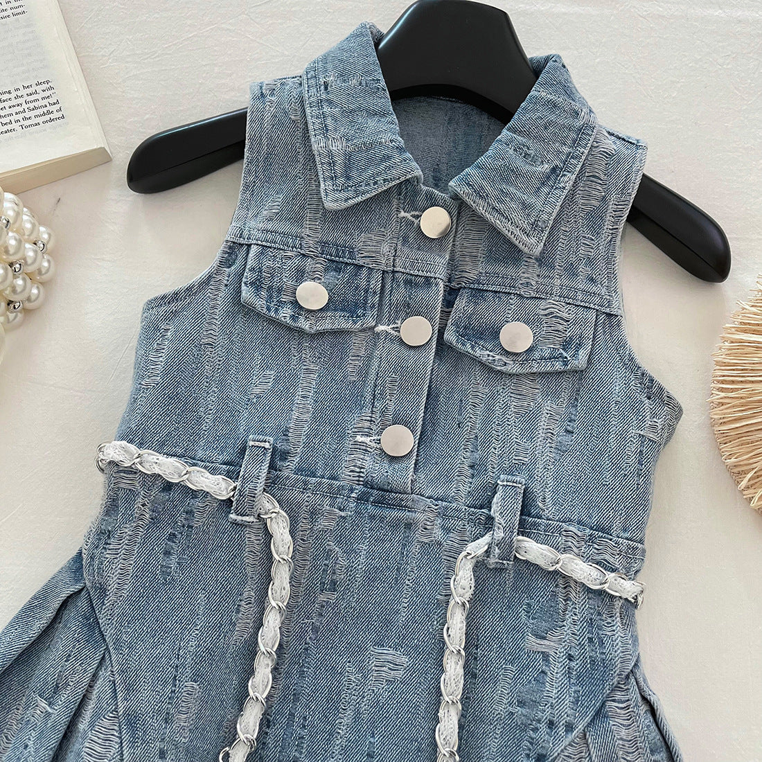 [963203] - Baju Gaun Dress Lengan Kutung Korean Version Style Anak Perempuan Cewek - Motif Small Denim Rips - BABYHOKI STORE - BABYHOKI STORE