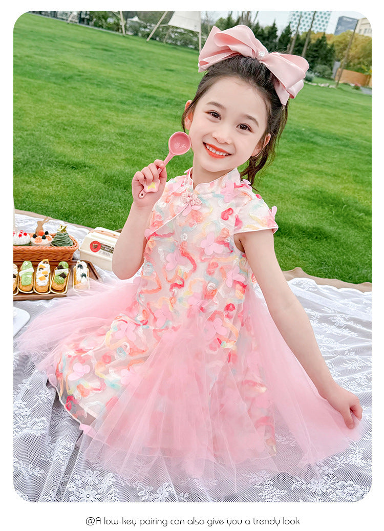 [963270] - Baju Gaun Dress Cheongsam Shanghai Imlek Lengan Kutung Chinese Fashion Anak Perempuan Cewek - Motif Sweet Pink Flower - BABYHOKI STORE