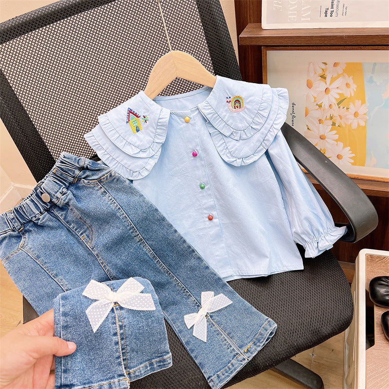 [363925] - One Set 2in1 Baju Setelan Atasan Blouse Lengan Panjang Bawahan Celana Panjang Cutbray Fashion Anak Cewek Perempuan - Motif Top Blue Pictures - BABYHOKI STORE - BABYHOKI STORE