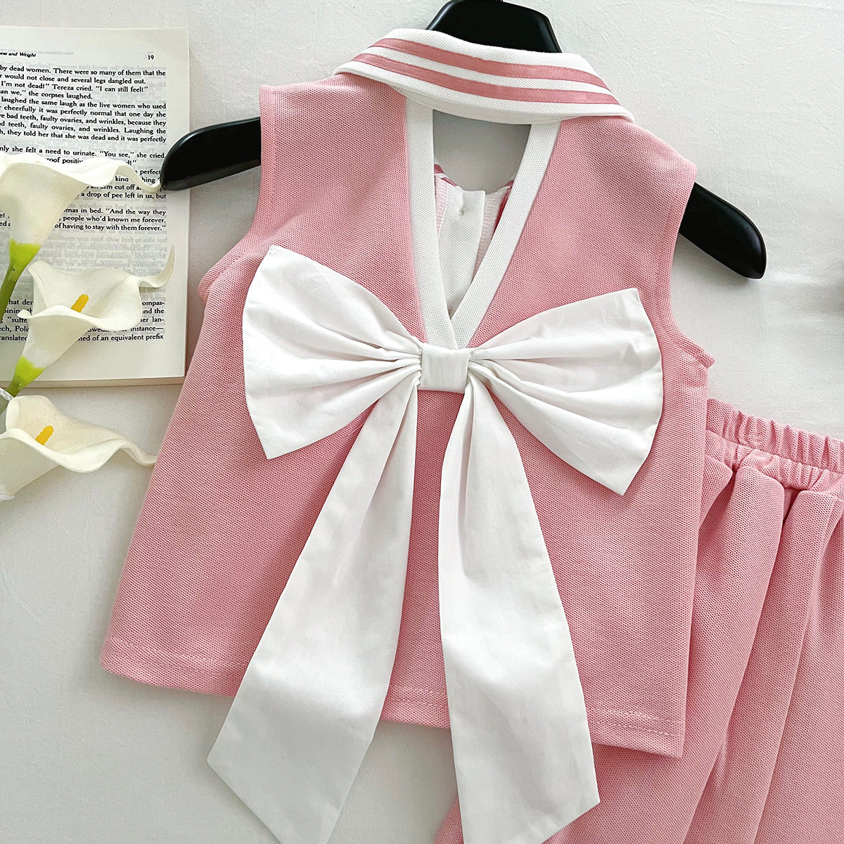 [963192] - One Set 2in1 Baju Setelan Atasan Berkerah Lengan Kutung Bawahan Celana Rok Pendek Anak Perempuan Cewek - Motif Bow & Flower - BABYHOKI STORE - BABYHOKI STORE
