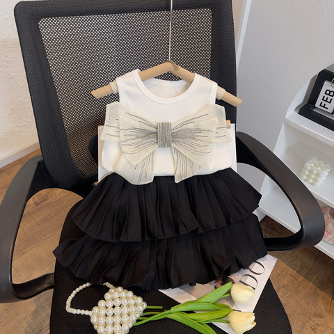 [963263] - One Set 2in1 Baju Setelan Atasan Kaos Lengan Kutung Bawahan Celana Rok Pendek Korean Style Anak Perempuan Cewek - Motif Big Bow - BABYHOKI STORE