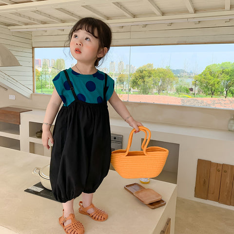 [507S1142] - Setelan Baju Kutung Overall Panjang Fashion Anak Perempuan - Motif Big Polkadot