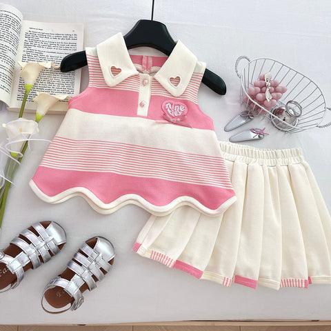 [963113] - One Set 2in1 Baju Setelan Atasan Kaos Berkerah Lengan Kutung Bawahan Celana Rok Pendek Casual Fashion Anak Perempuan Cewek - Motif Love Striped Color - BABYHOKI STORE