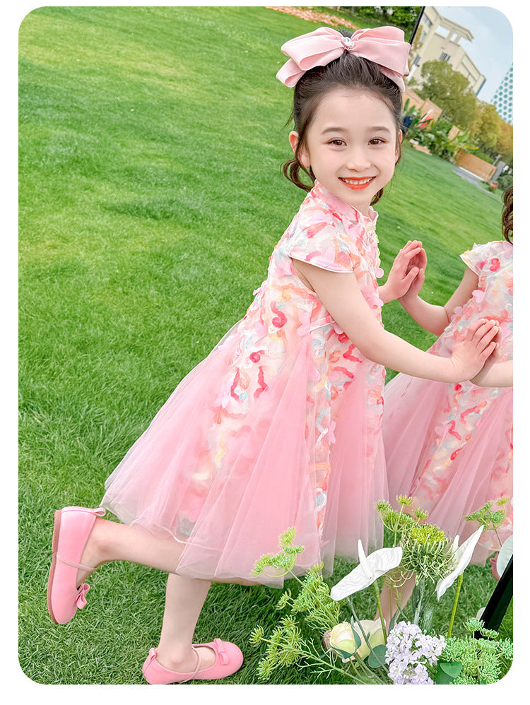 [963270] - Baju Gaun Dress Cheongsam Shanghai Imlek Lengan Kutung Chinese Fashion Anak Perempuan Cewek - Motif Sweet Pink Flower - BABYHOKI STORE