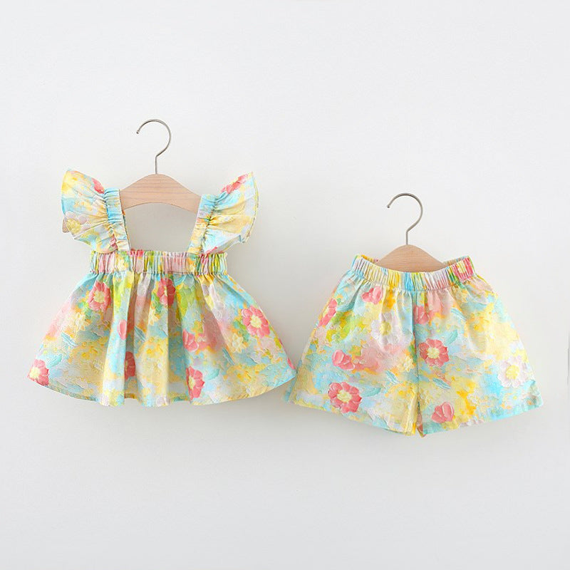 [340432] - Setelan Baju Atasan Kutung Celana Pendek Fashion Anak Perempuan - Motif Ruffled Flower