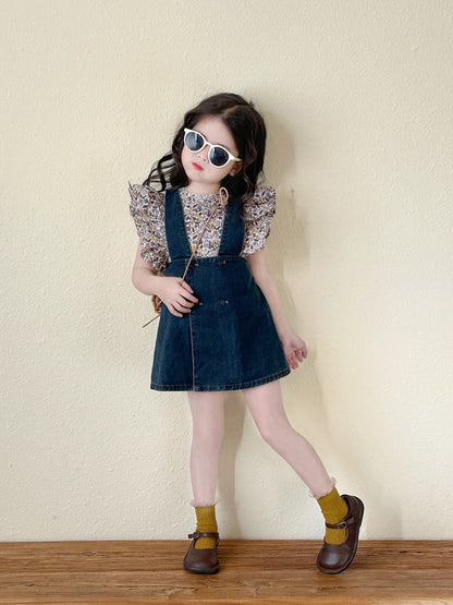 [5071033] - Baju Setelan Blouse Kutung Bawahan Overall Pendek Fashion Anak Perempuan - Motif Denim Floral