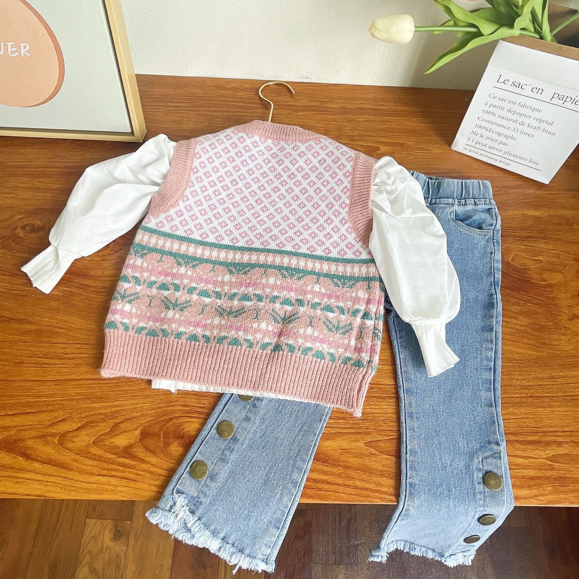 [363589] - Oneset 3in1 Setelan Baju  Fashion Blouse Rompi Rajut Knit Vest Celana Jeans Rawis Anak Perempuan Cewek - Motif Pattern