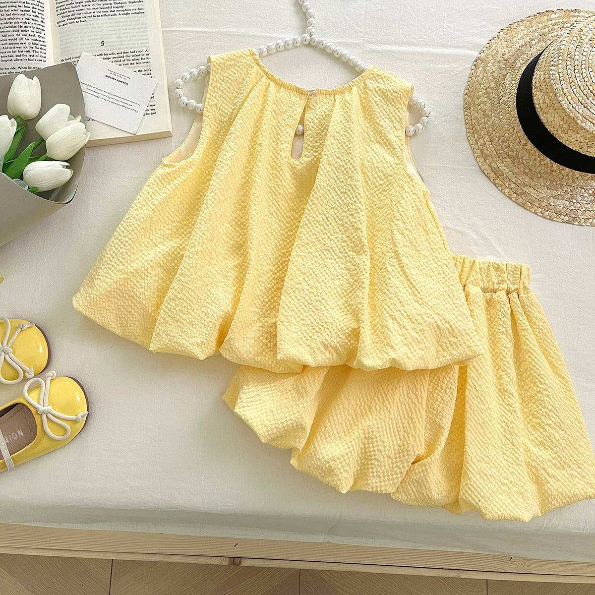 [963252] - One Set 2in1 Baju Setelan Atasan Lengan Kutung Bawahan Celana Pendek Korean Style Anak Perempuan Cewek - Motif Bow Cute - BABYHOKI STORE