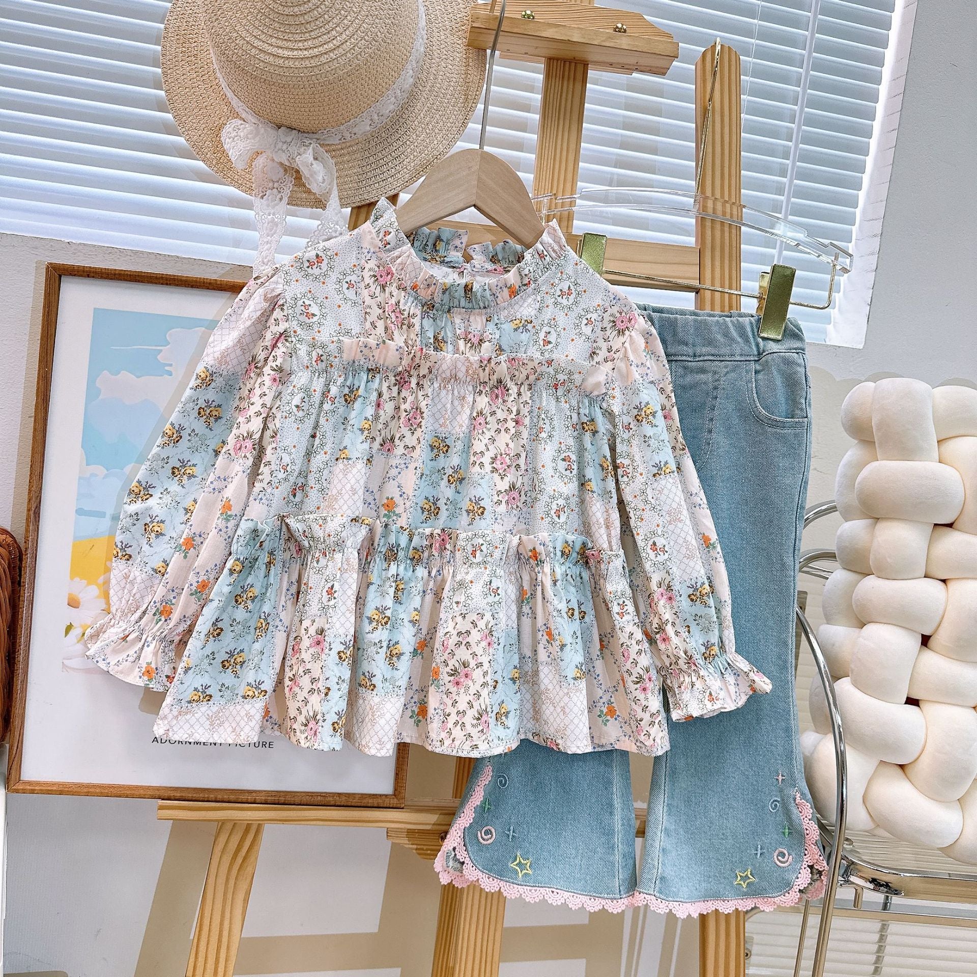 [363778] - Setelan One Set Shabby Baju Blouse Lengan Panjang Celana Jeans Tipis Panjang Fashion Anak Perempuan - Motif Star Flowers