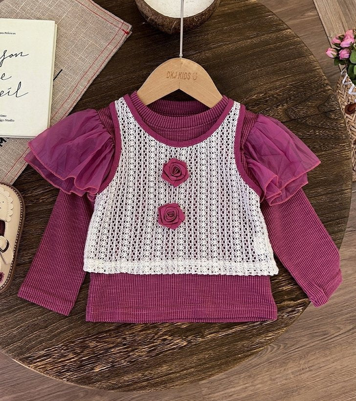 [363705] - Oneset 3in1 Anak Cewek Korea Setelan Baju Lengan Balon Rompi Rajut Celana Jeans Fashion Anak Cewek - Motif Knit Bloom