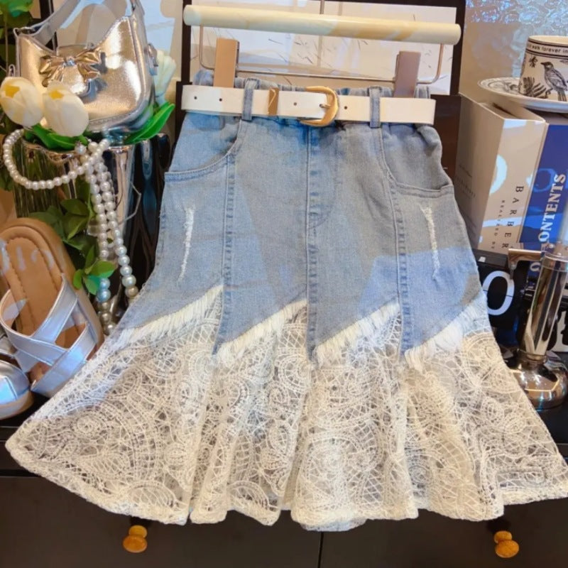 [963104] - One Set 3in1 Baju Setelan Atasan Kaos Lengan Kutung Vest Kutung Denim Bawahan Rok Panjang Fashion Korean Style Anak Perempuan Cewek - Motif Bottom Lace - BABYHOKI STORE