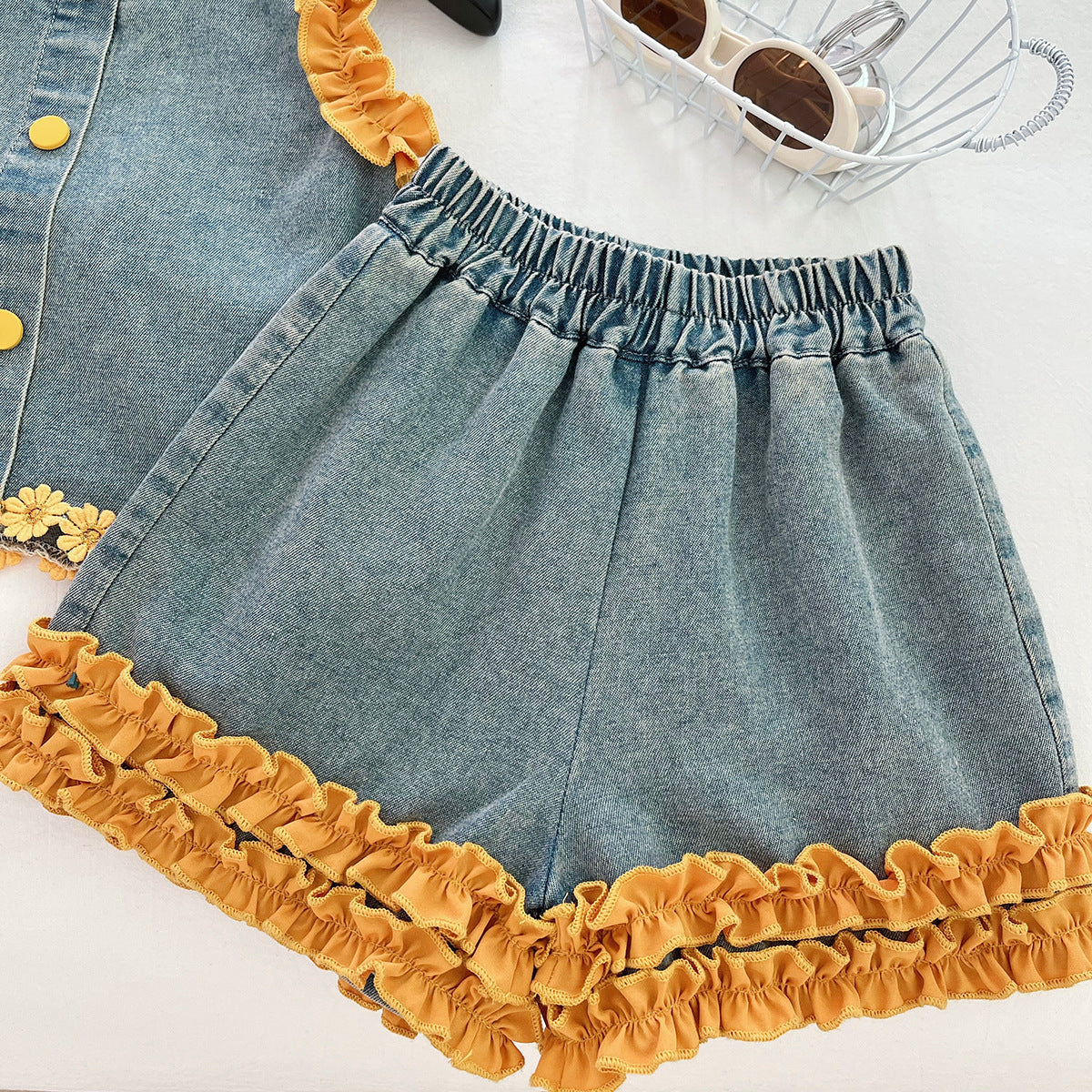 [963162] - One Set 2in1 Baju Setelan Atasan Lengan Kutung Bawahan Celana Pendek Korean Version Style  Anak Perempuan Cewek - Motif Bow Yellow Flower  - BABYHOKI STORE - BABYHOKI STORE