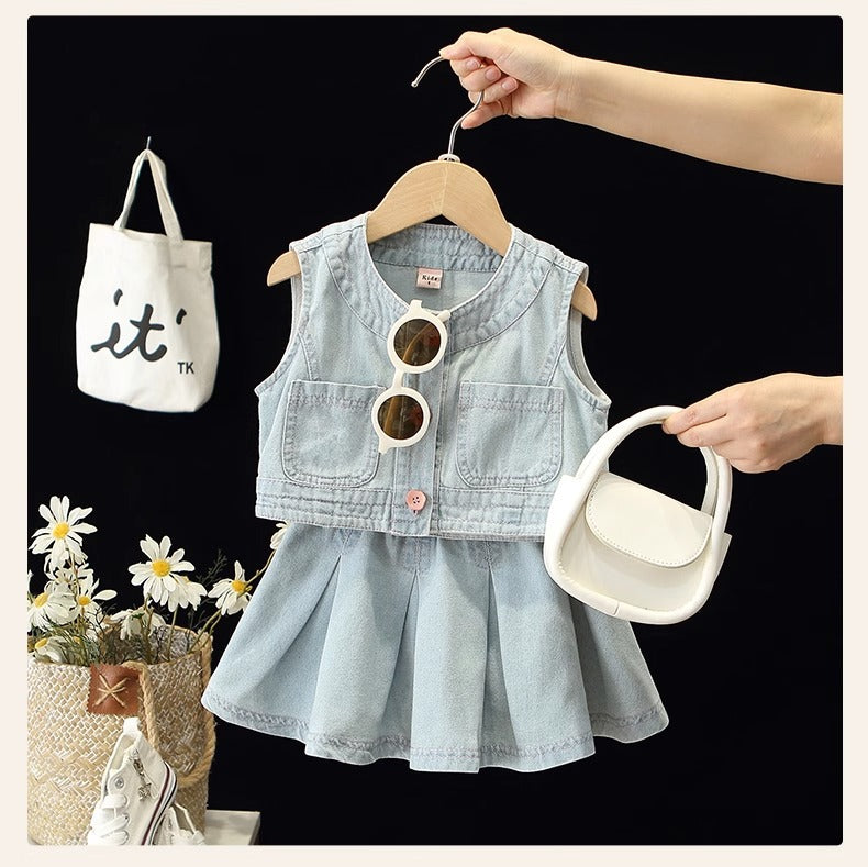 [363762] - Setelan Korea Sporty Padel Tennis One Set Denim Jeans Baju Crop Tanpa Lengan Bawahan Rok Mini Fashion Anak Perempuan - Motif Flower Button