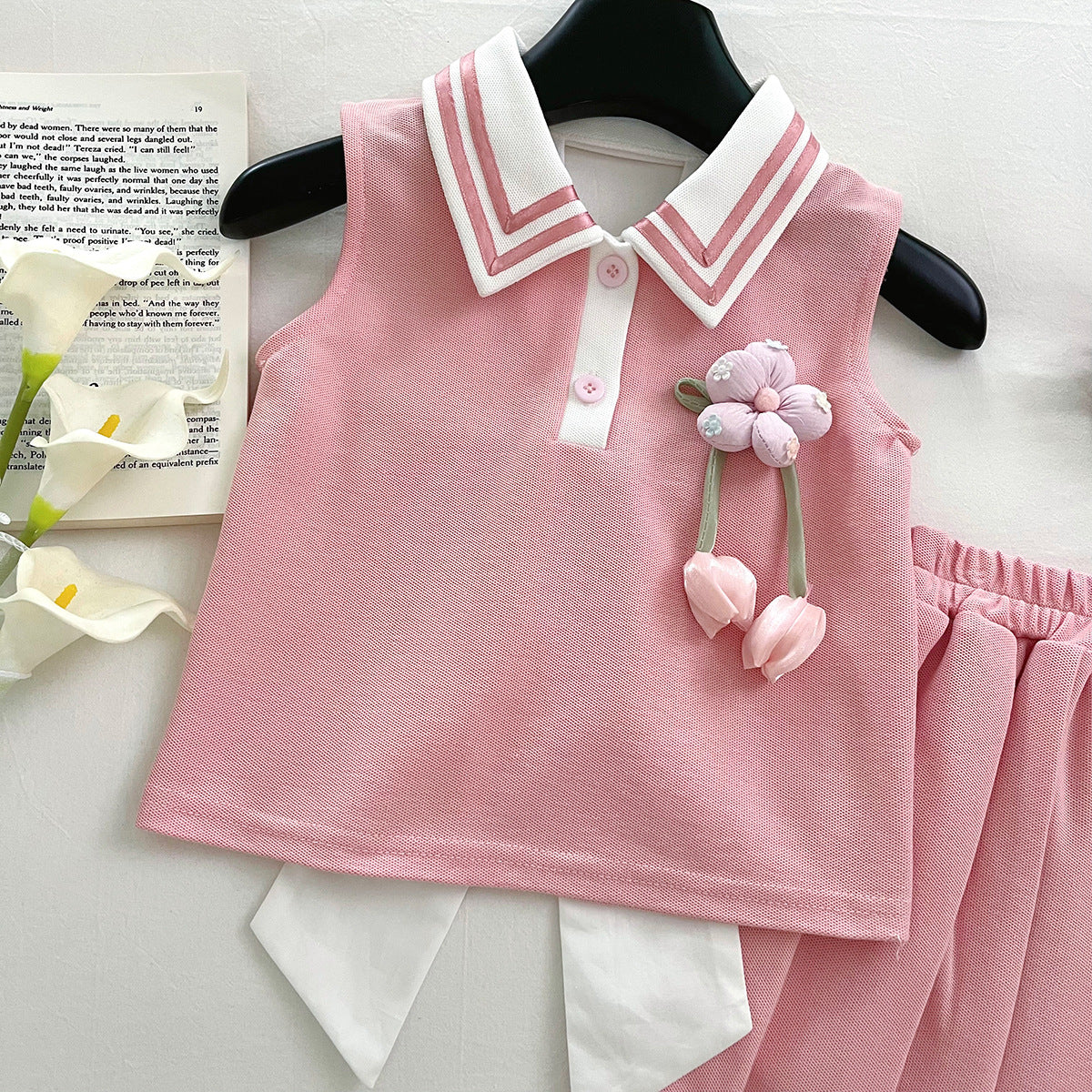 [963192] - One Set 2in1 Baju Setelan Atasan Berkerah Lengan Kutung Bawahan Celana Rok Pendek Anak Perempuan Cewek - Motif Bow & Flower - BABYHOKI STORE - BABYHOKI STORE