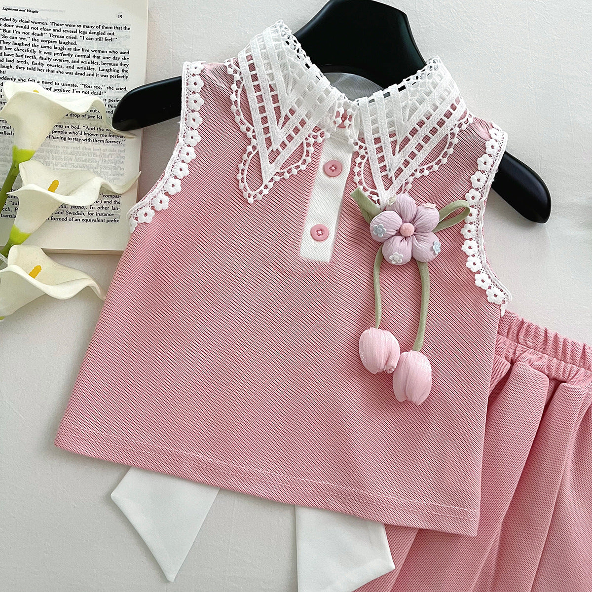 [963184] - One Set 2in1 Baju Setelan Atasan Bekerah Lengan Kutung Bawahan Celana Rok Pendek Plisket Korean Version Style Anak Perempuan Cewek - Motif Tulips - BABYHOKI STORE - BABYHOKI STORE