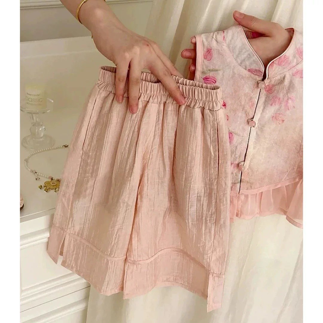 [5071133] - One Set 2in1 Baju Setelan Cheongsam Imlek Atasan Shanghai Lengan Kutung Bawahan Celana Panjang Fashion Chinese Style Anak Perempuan Cewek - Motif Flower - BABYHOKI STORE