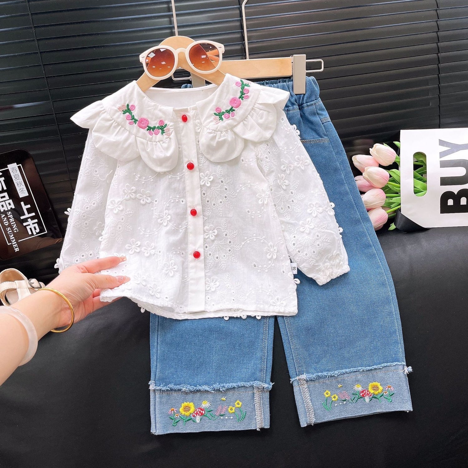 [363805] - Setelan Baju Blouse Lengan Panjang Celana Panjang Jeans Fashion Anak Perempuan - Motif Little Flower