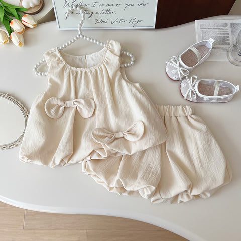 [963295] - One Set 2in1 Baju Setelan Atasan Blouse Lengan Kutung Bawahan Celana Pendek Korean Style Anak Perempuan Cewek - Motif Bow - BABYHOKI STORE