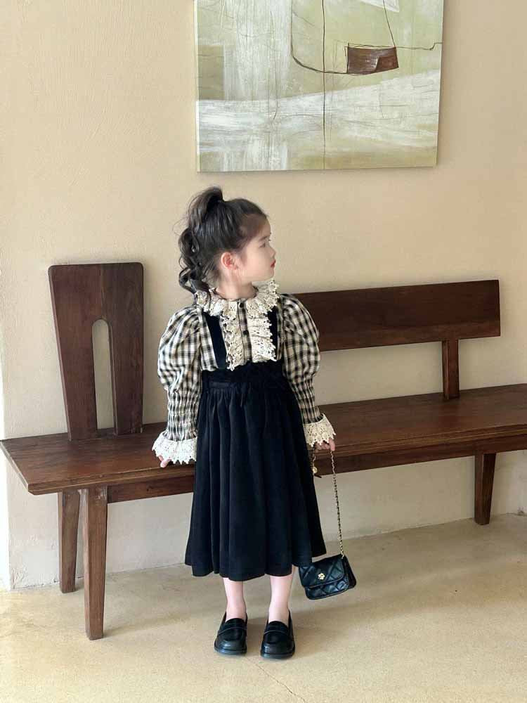 [5071124] - One Set 2in1 Baju Setelan Atasan Blouse Lengan Panjang Style Palace Bawahan Overall Panjang Fashion Trendi Anak Perempuan Cewek - Motif Plaid - BABYHOKI STORE