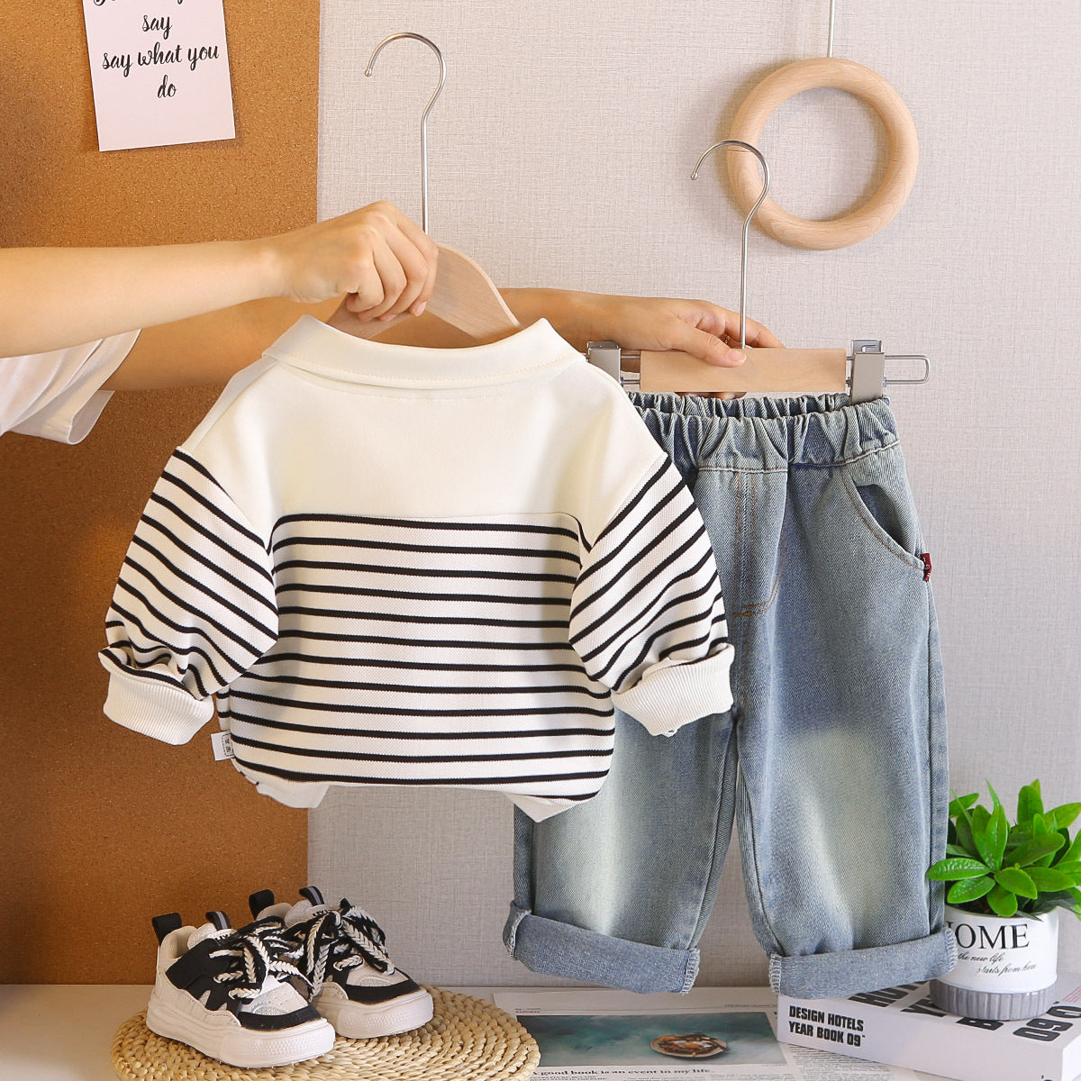 [345489] - One Set 2in1 Baju Setelan Atasan Sweater Lengan Panjang Bawahan Celana Panjang Jeans Fashion Trendi Anak Cowok Laki-Laki - Motif Lapel Suit - BABYHOKI STORE - BABYHOKI STORE