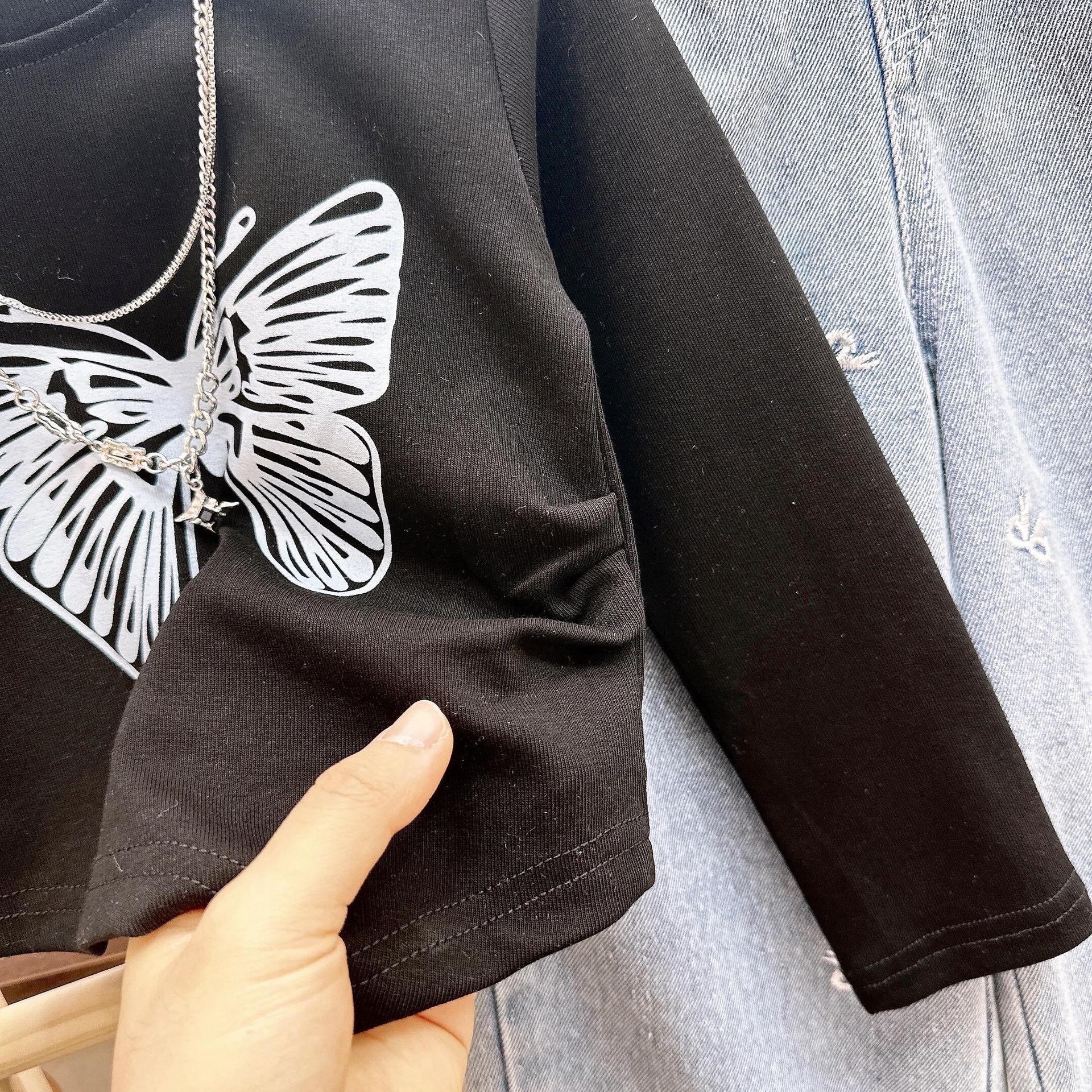 [363820] - Setelan One Set Baju Kaos Lengan Panjang Celana Jeans Kulot Panjang Fashion Anak Perempuan - Motif Butterfly
