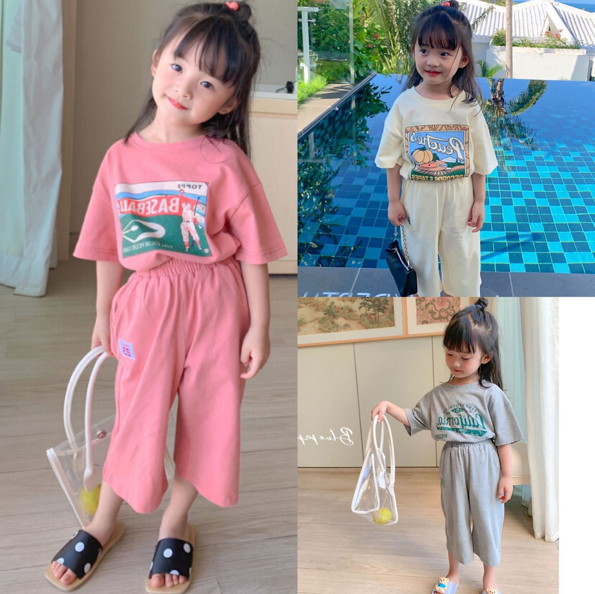 [507S136] - Setelan Baju Lengan Pendek Celana Panjang Fashion Anak Perempuan - Motif Baseball