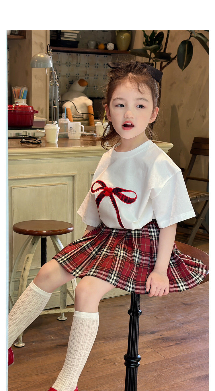 [5071113] - One Set 2in1 Baju Setelan Atasan Kaos Oversize Lengan Pendek Bawahan Celana Rok Pendek Plisket Fashion Trendi Anak Perempuan Cewek - Motif Large Ribbon - BABYHOKI STORE