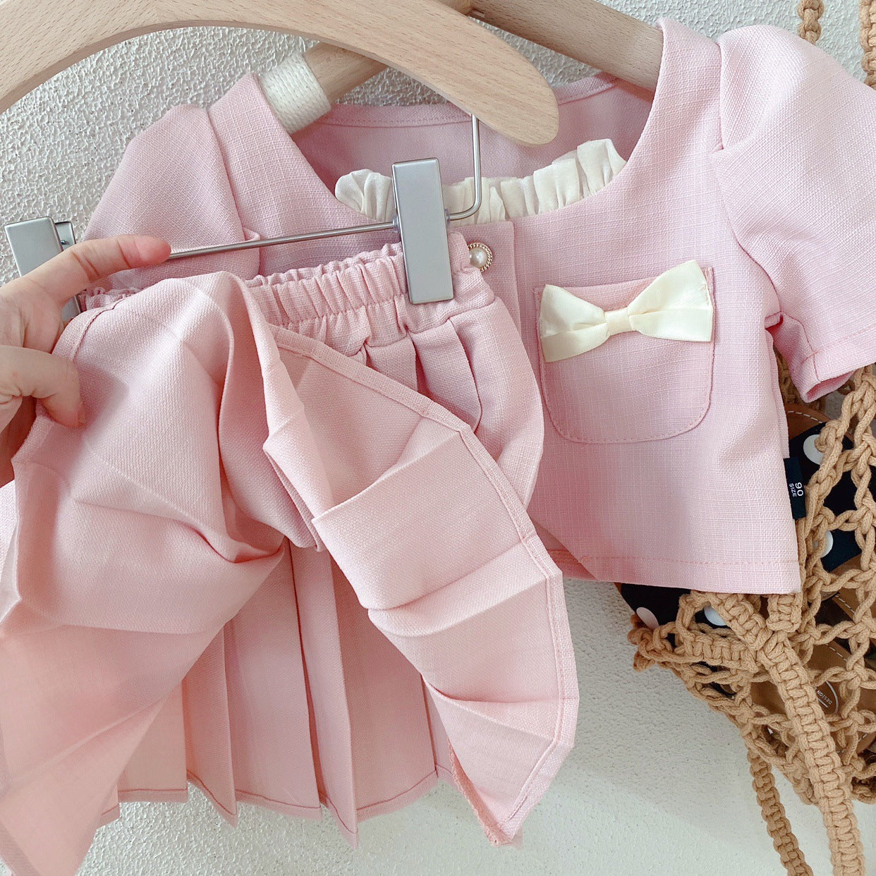 [363636] - Setelan Mewah Ala Korea Pink Oneset Atasan Cardigan Lengan Pendek Bawahan Rok Anak Perempuan - Motif Cute Ribbon