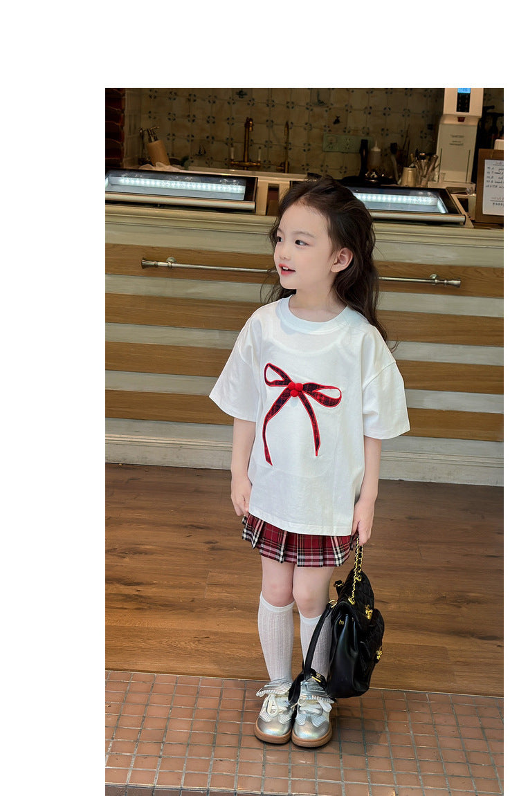 [5071113] - One Set 2in1 Baju Setelan Atasan Kaos Oversize Lengan Pendek Bawahan Celana Rok Pendek Plisket Fashion Trendi Anak Perempuan Cewek - Motif Large Ribbon - BABYHOKI STORE