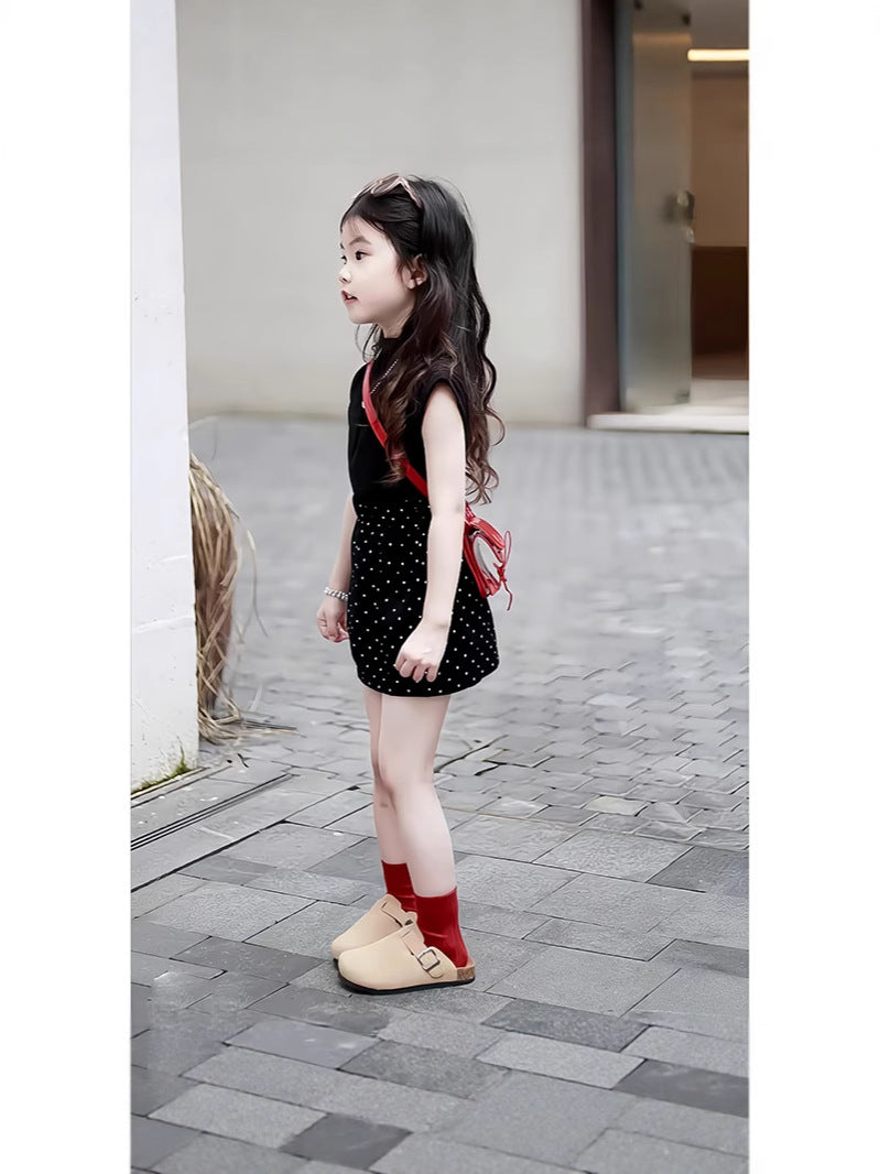 [5071077] - One Set 2in1 Baju Setelan Atasan Hitam Lengan Kutung Bawahan Celana Rok Pendek Fashion Anak Perempuan Cewek - Motif Polka Basic Colour Black - BABYHOKI STORE