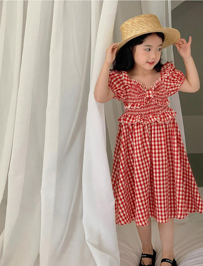 [5071038] - Baju Dress Lengan Pendek Fashion Anak Perempuan - Motif Plaid Wave