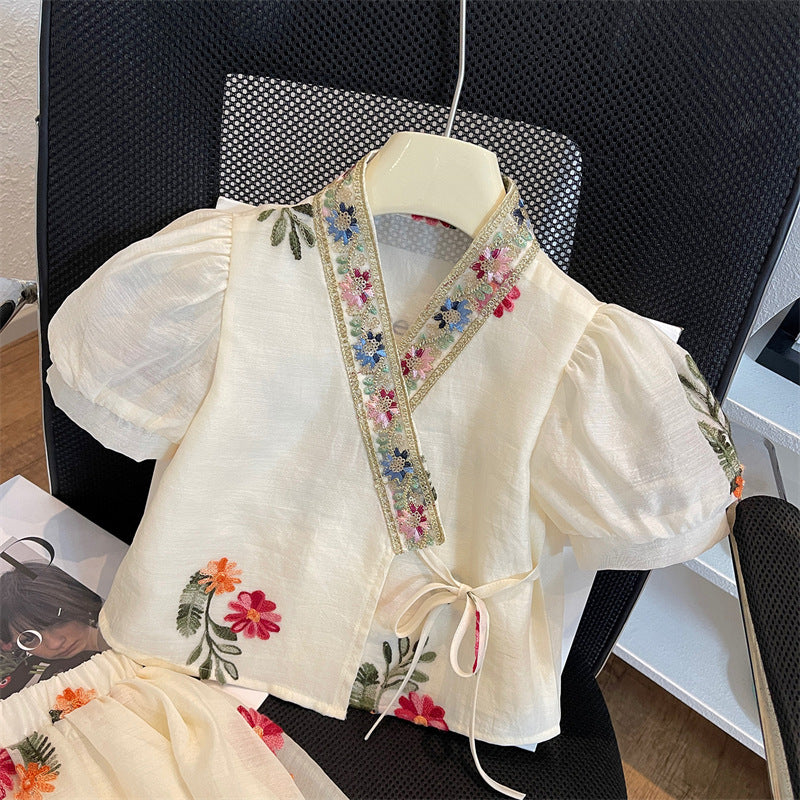 [963288] - One Set 2in1 Baju Setelan Anak Atasan Lengan Pendek Bawahan Rok Midi Skirt Famous Ethnic Style Perempuan Cewek - Motif Lace Embroidered - BABYHOKI STORE