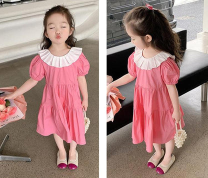 [507S115] - Baju Dress Lengan Pendek Fashion Anak Perempuan - Motif Plain Ruffle