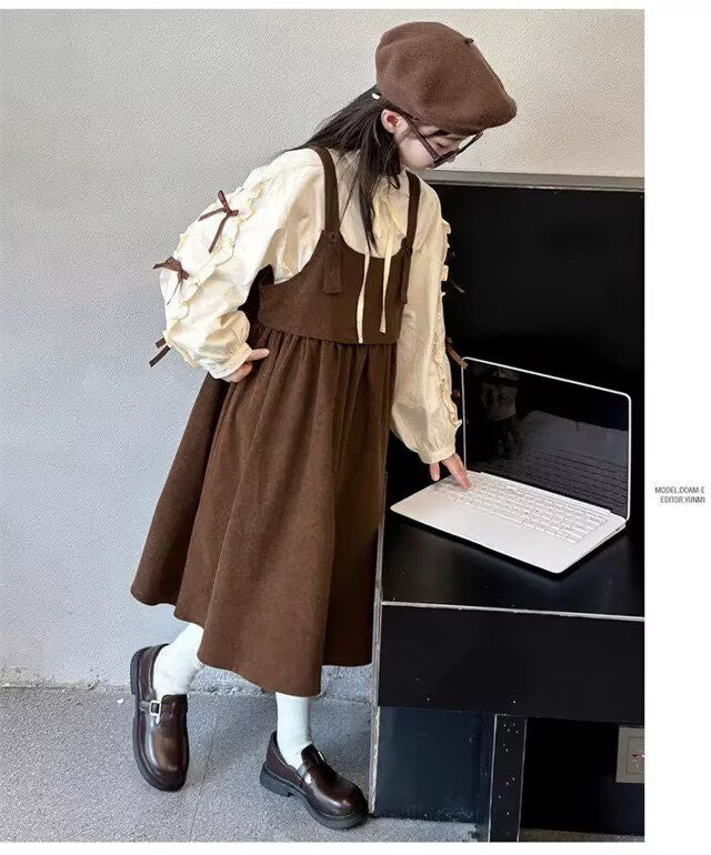 [5071153] - One Set 2in1 Baju Setelan Dress Atasan Blouse Lengan Panjang Korean Version Anak Perempuan Cewek - Motif Cute Bow Sleeves - BABYHOKI STORE