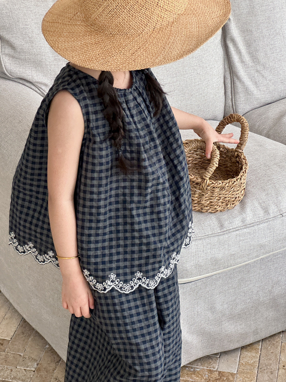 [5071110] - One Set 2in1 Baju Setelan Atasan Oversize Lengan Kutung Bawahan Celana Panjang Kulot Fashion Trendi Anak Perempuan Cewek - Motif Style Plaid - BABYHOKI STORE