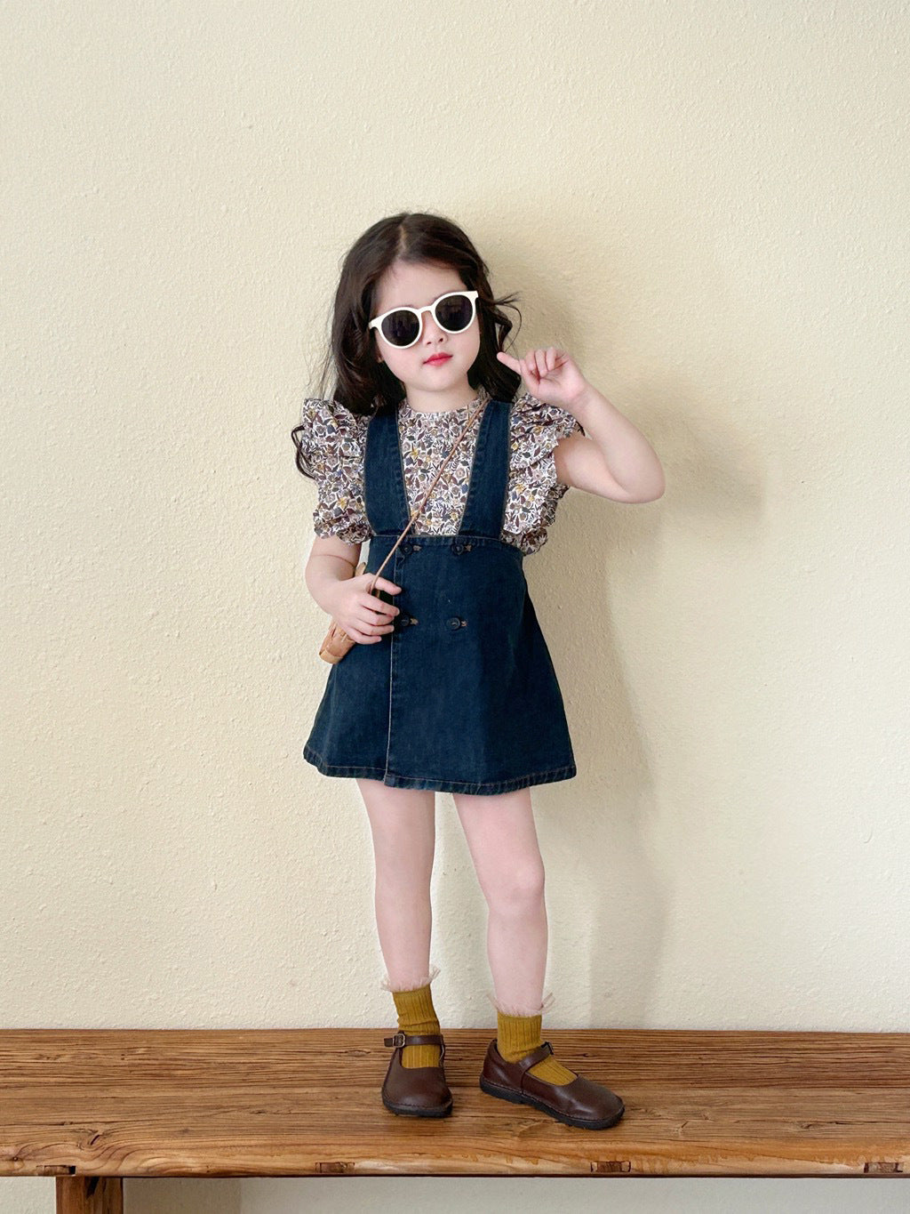 [5071033] - Baju Setelan Blouse Kutung Bawahan Overall Pendek Fashion Anak Perempuan - Motif Denim Floral