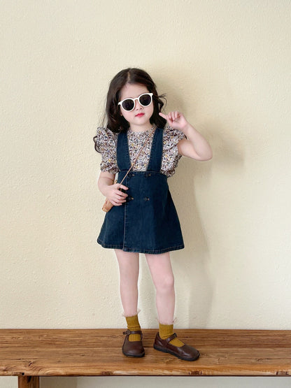 [5071033] - Baju Setelan Blouse Kutung Bawahan Overall Pendek Fashion Anak Perempuan - Motif Denim Floral