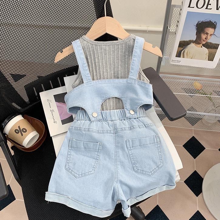 [363760] - Setelan 3 In 1 Baju Atasan Rompi Celana Pendek Jeans Fashion Anak Perempuan - Motif Denim Stripe