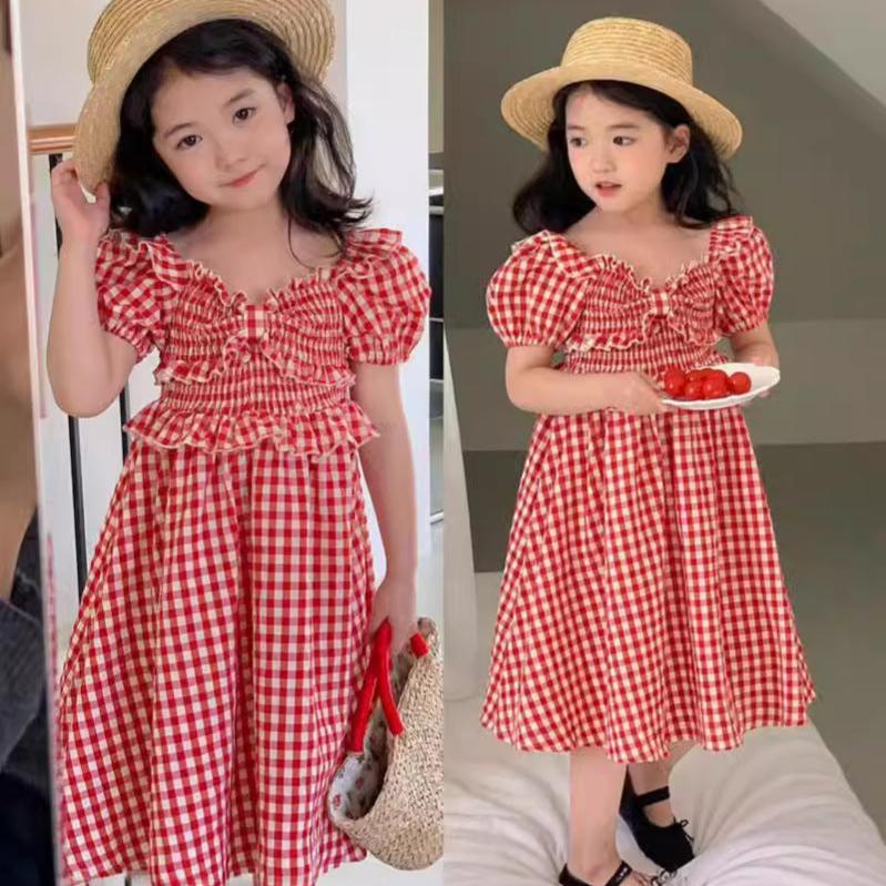 [5071038] - Baju Dress Lengan Pendek Fashion Anak Perempuan - Motif Plaid Wave