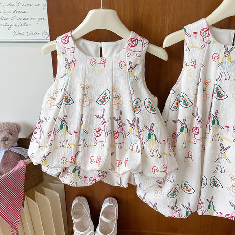 [963287] - One Set 2in1 Baju Setelan Atasan Lengan Kutung Bawahan Celana Pendek Korean Version Style Anak Perempuan Cewek - Motif Cute Bunny - BABYHOKI STORE