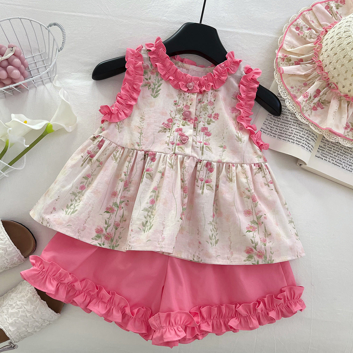 [963208] - One Set 2in1 Baju Setelan Atasan Blouse Lengan Kutung Bawahan Celana Pendek Ruflled Korean Style Anak Perempuan Cewek - Motif Pink Flower - BABYHOKI STORE