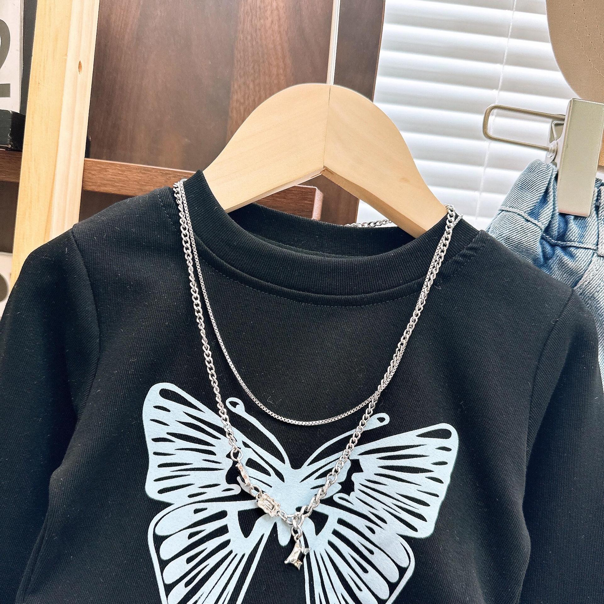 [363820] - Setelan One Set Baju Kaos Lengan Panjang Celana Jeans Kulot Panjang Fashion Anak Perempuan - Motif Butterfly