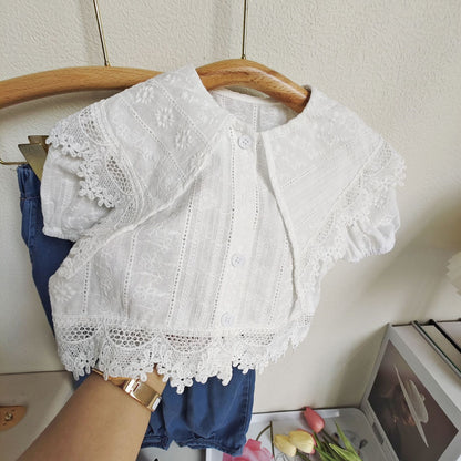 [363653] - Setelan Blouse Celana Panjang Jeans Import Anak Perempuan - Motif Oblique Collar
