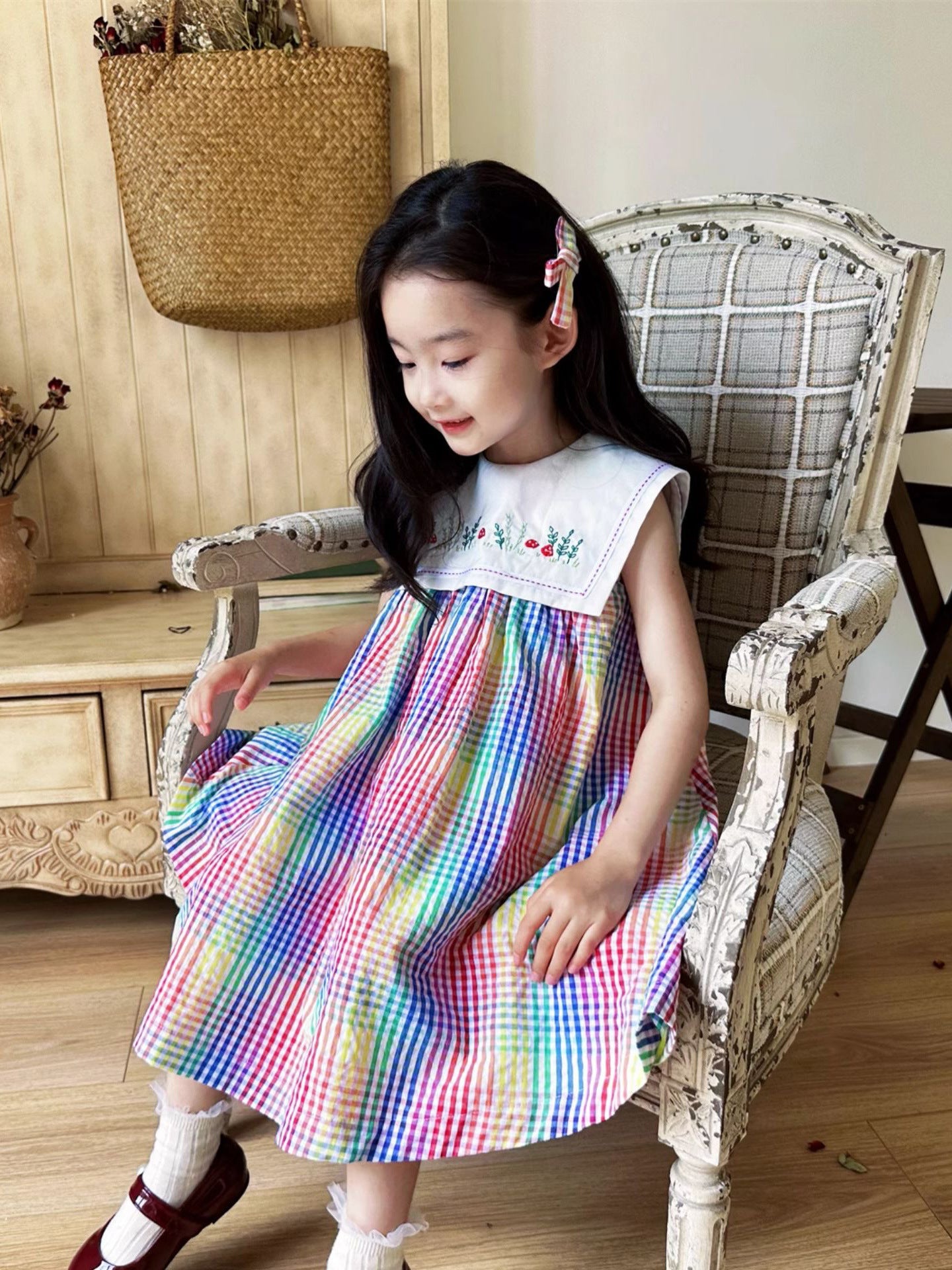 [5071123] - Baju Dress Summer Gaun Lengan Kutung Fashion Trendi Anak Perempuan Cewek - Motif Rainbow Plaid - BABYHOKI STORE