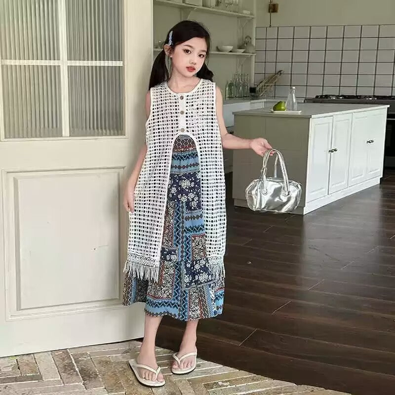[5071097] - One Set 2in1 Baju Setelan Dress Summer Lengan Kutung Vest Kutung Rumbai Fashion Anak Perempuan Cewek - Motif Ethnic Style - BABYHOKI STORE